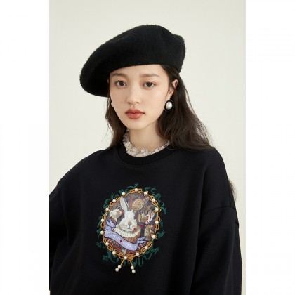 Autumn and Winter 2022 New Versatile Loose Funny Print Pullover Lace Collar Splice Cotton Sweater Gi